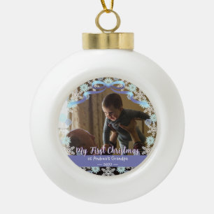 First Xmas Grandpa Light Blue Purple Tone Snow Ceramic Ball Christmas Ornament