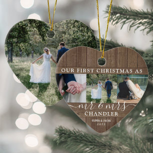 First Xmas Mr & Mrs 4 Photo Rustic Faux Wood Heart Ceramic Tree Decoration
