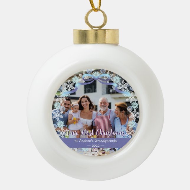 First Xmas New Baby Grandparents Snowflakes Ribbon Ceramic Ball Christmas Ornament (Front)