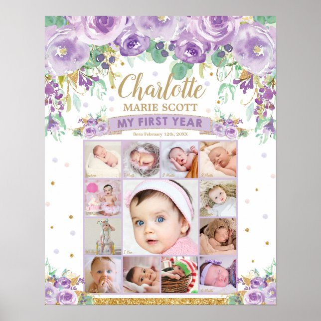 First Year 1st Birthday Photo Milestone Collage Poster (Front)