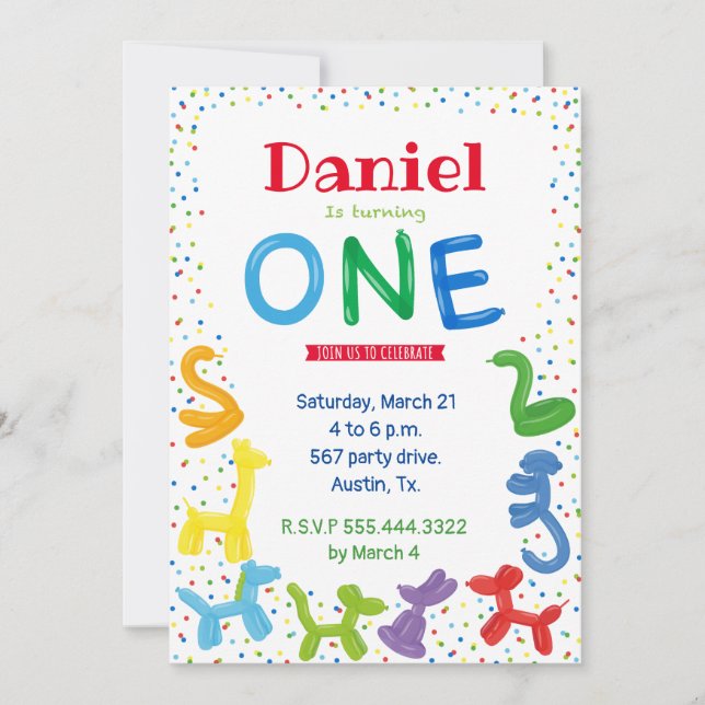 First year animals balloons invitation (Front)