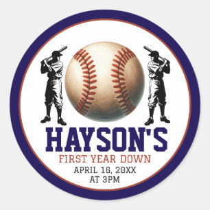 First Year Down Baseball 1st Birthday Party Classic Round Sticker