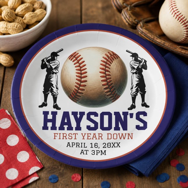First Year Down Baseball 1st Birthday Party Paper Plate (First Year Down Baseball 1st Birthday Party Paper Plates)