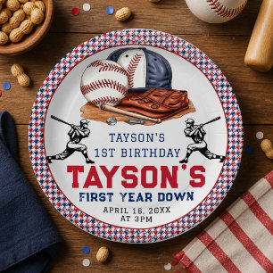 First Year Down Baseball 1st Birthday Party Paper Plate