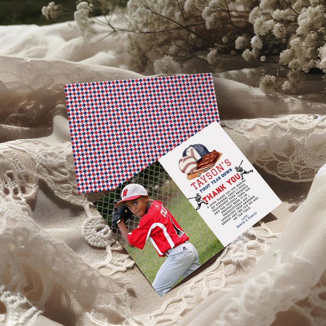 First Year Down Baseball 1st Birthday Thank You Card (Creator Uploaded)