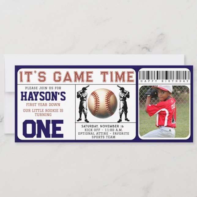 First Year Down Baseball Ticket 1st Birthday Invitation (Front)