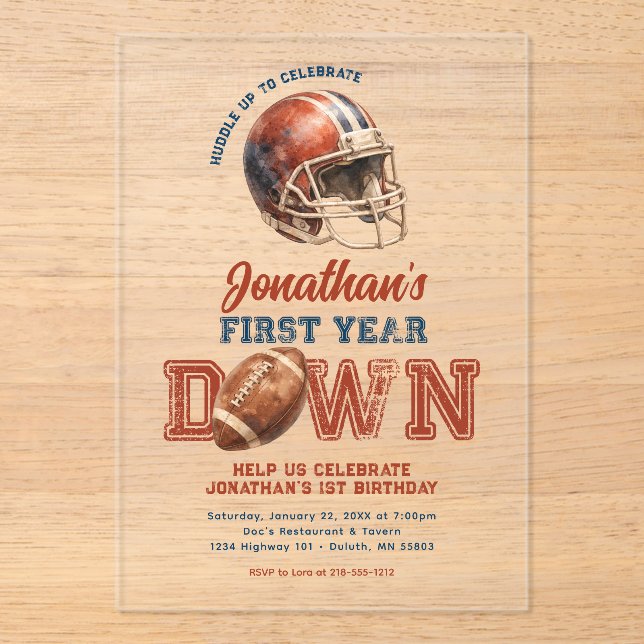 First Year Down Football 1st Birthday Acrylic Invitations (Front)
