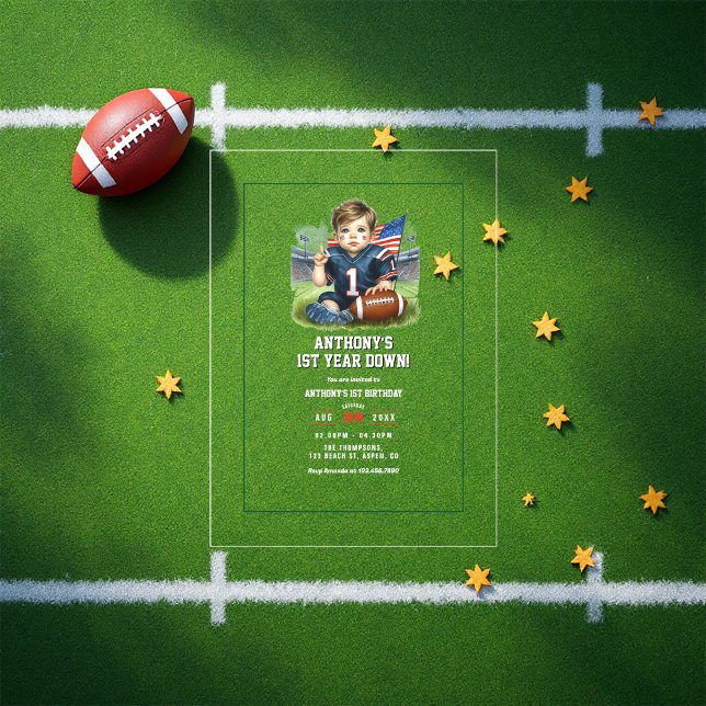 First Year Down Football 1st Birthday Party Acrylic Invitations (First Year Down Football 1st Birthday Party Acrylic Invitation)
