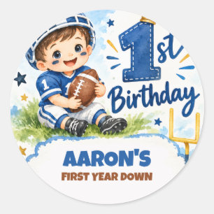 First Year Down Football 1st Birthday Party  Classic Round Sticker