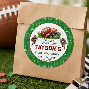 First Year Down Football 1st Birthday Party Classic Round Sticker