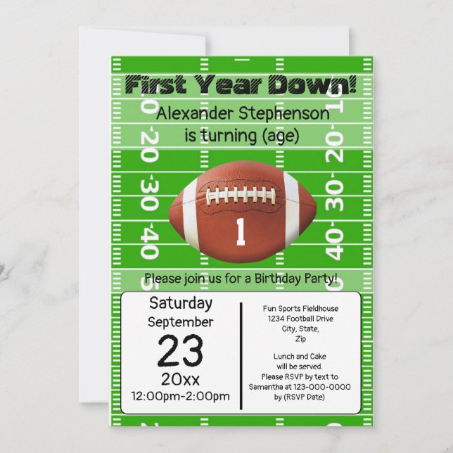 First Year Down Football 1st Birthday Party Invita Invitation (Front)