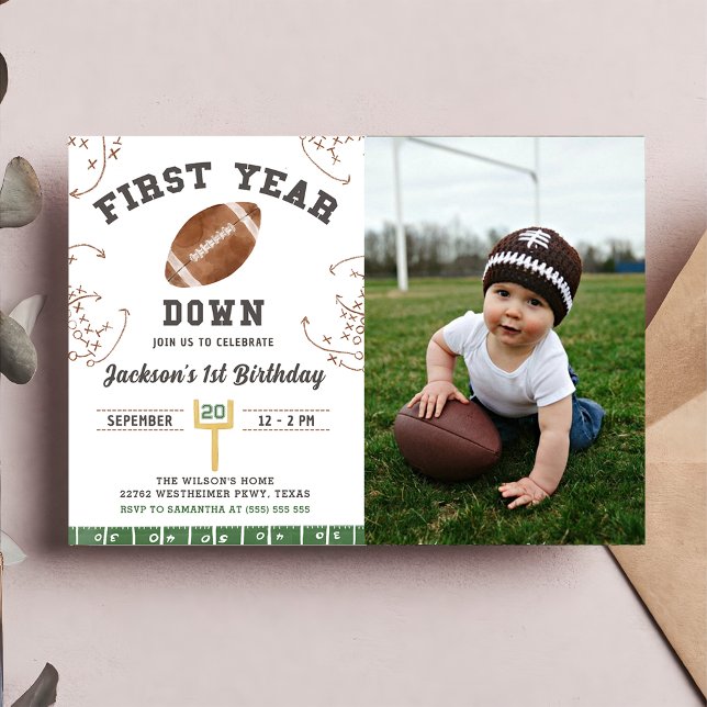 First Year Down Football 1st Birthday Party Photo Invitation (Creator Uploaded)