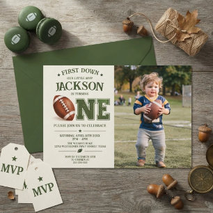 First Year Down Football 1st Birthday Photo Invitation