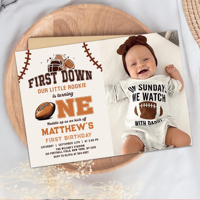 First Year Down Football 1st Birthday Photo Invitation (Creator Uploaded)
