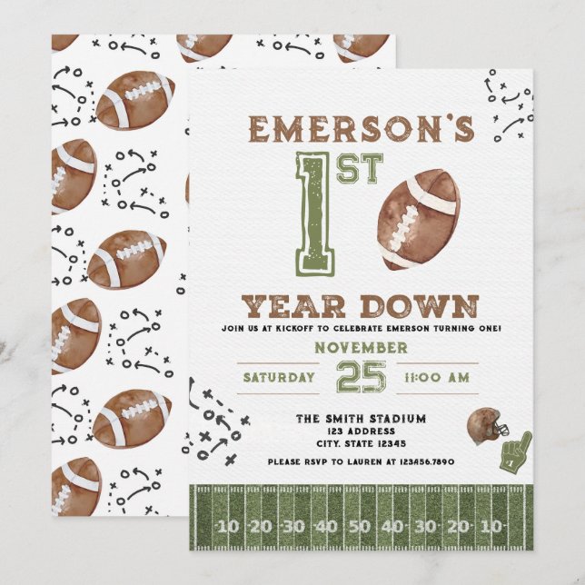 First Year Down Football Birthday Invitation, 2nd  Invitation (Front/Back)