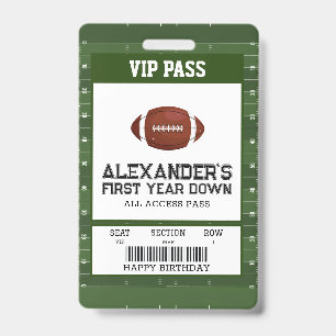 First Year Down Football Birthday Party VIP Pass ID Badge
