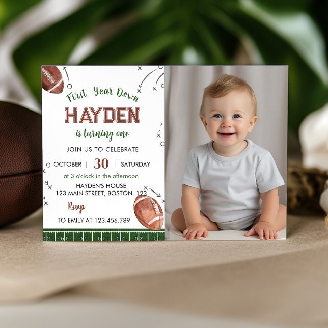 First Year Down Football Birthday Photo Invitation (Creator Uploaded)