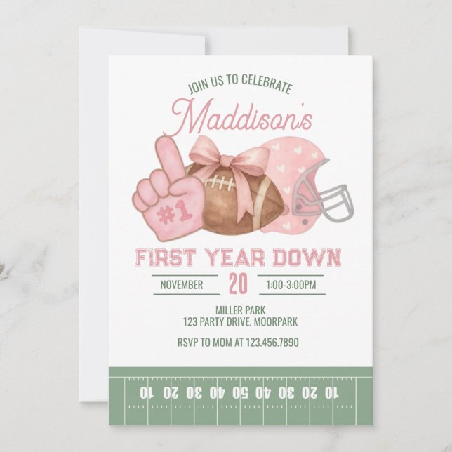 FIRST year down, Football Birthday, Pink football  Invitation (Front)