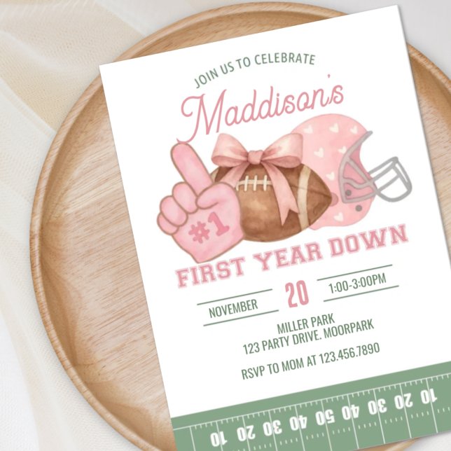 FIRST year down, Football Birthday, Pink football  Invitation (Creator Uploaded)