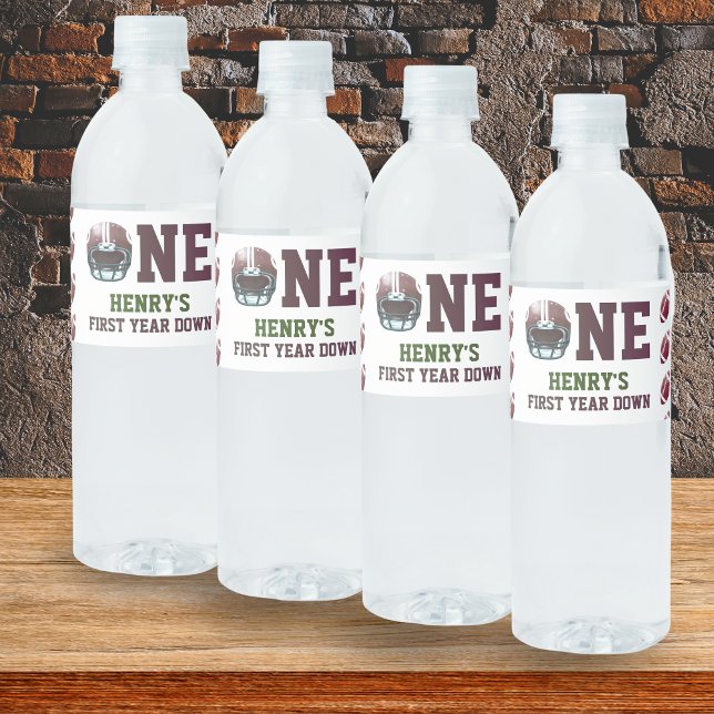 First Year Down Football Birthday Water Bottle Label (Personalized water labels - First year down birthday party)
