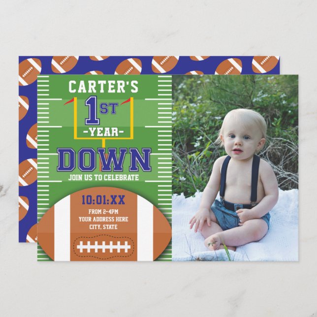First Year Down Football Blue First Birthday Photo Invitation (Front/Back)