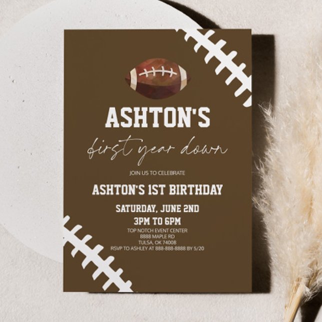 First Year Down Football Brown 1st Birthday Party Invitation (Creator Uploaded)
