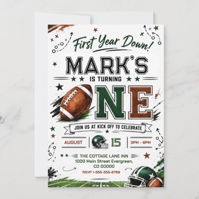First Year Down Football First Birthday Invitation (Front)