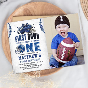 First Year Down Football First Birthday Photo Invitation