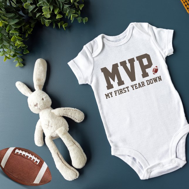 First Year Down Football MVP Birthday Boy  Baby Bodysuit (MVP - birthday boy bodysuit - football themed birthday "First year down")