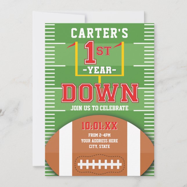 First Year Down Football Red Boys First Birthday Invitation (Front)