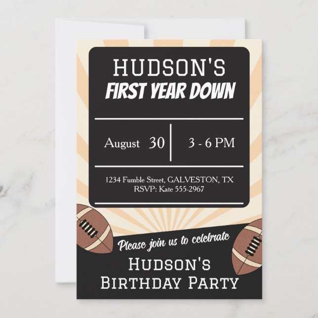 First Year Down Football Sports Boys 1st Birthday Invitation (Front)