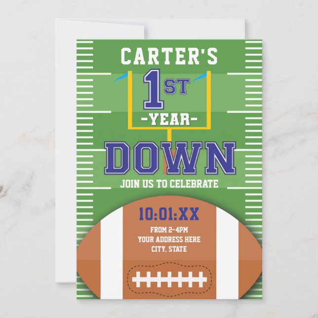 First Year Down Football Theme Boys First Birthday Invitation (Front)