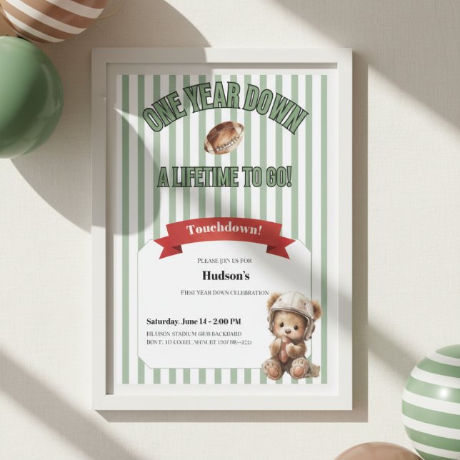 First Year Down Invitation • Football Birthday (Football first birthday invitation with teddy bear and green stripes in white frame)