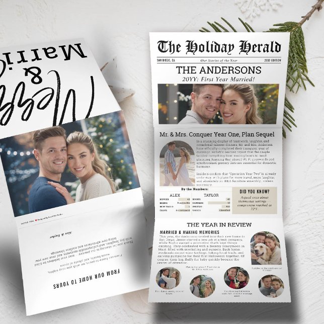 First Year Married Newspaper News Photo Collage Tri-Fold Holiday Card (first year married holiday card newspaper news photo collage fun funny modern classy)