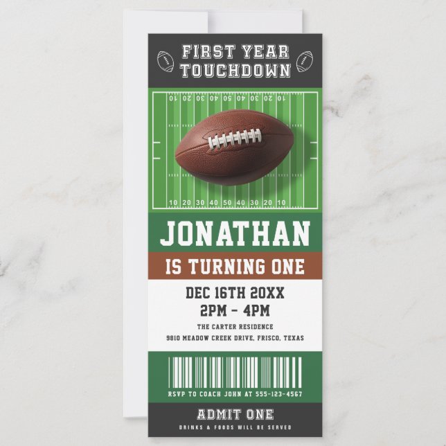 First Year Touchdown Football Ticket 1st Birthday Invitation (Front)