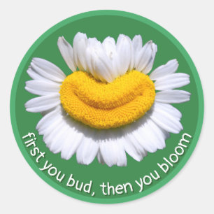 "first you bud, then you bloom" Chamomile Smiles Classic Round Sticker