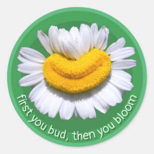 "first you bud, then you bloom" Chamomile Smiles Classic Round Sticker