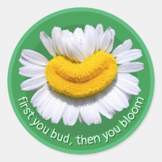 "first you bud, then you bloom" Chamomile Smiles Classic Round Sticker