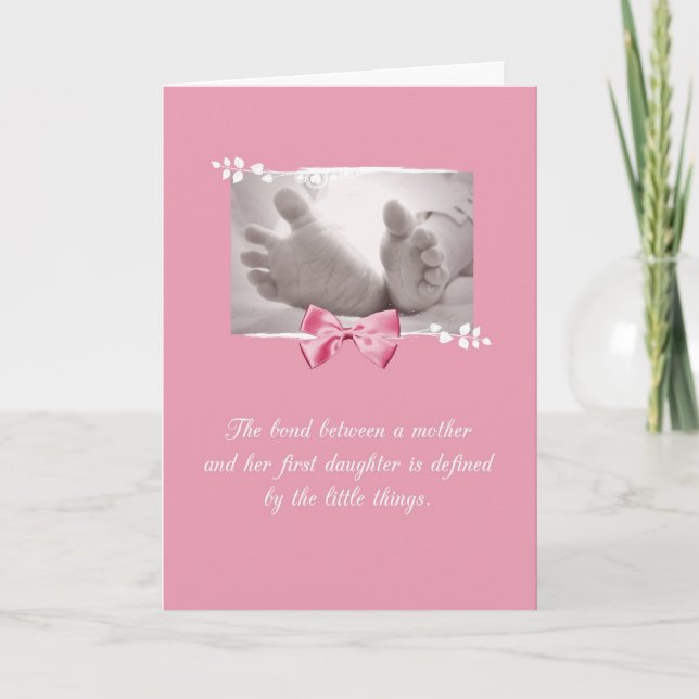 Firstborn Girl Congratulations Baby Feet Pink Bow Card (Front)