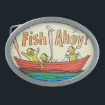 Fish Ahoy! Belt Buckles<br><div class="desc">Artist: Fred Orfe | Happy fisherman counting the fish over the side of a boat.</div>