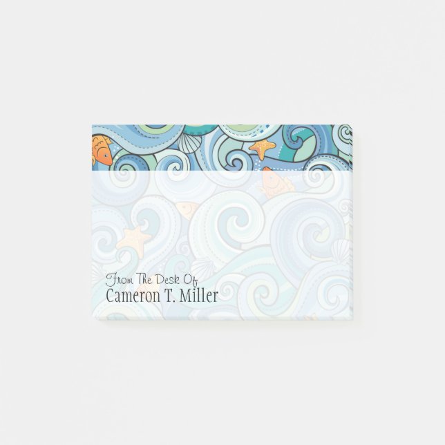 Fish Among The Waves Pattern | Add Your Name Post-it Notes (Front)
