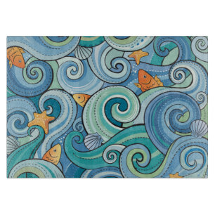 Fish Among The Waves Pattern Cutting Board