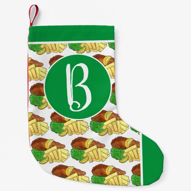 Fish and Chips Peas British Pub Chip Shop Takeaway Small Christmas Stocking (Front)
