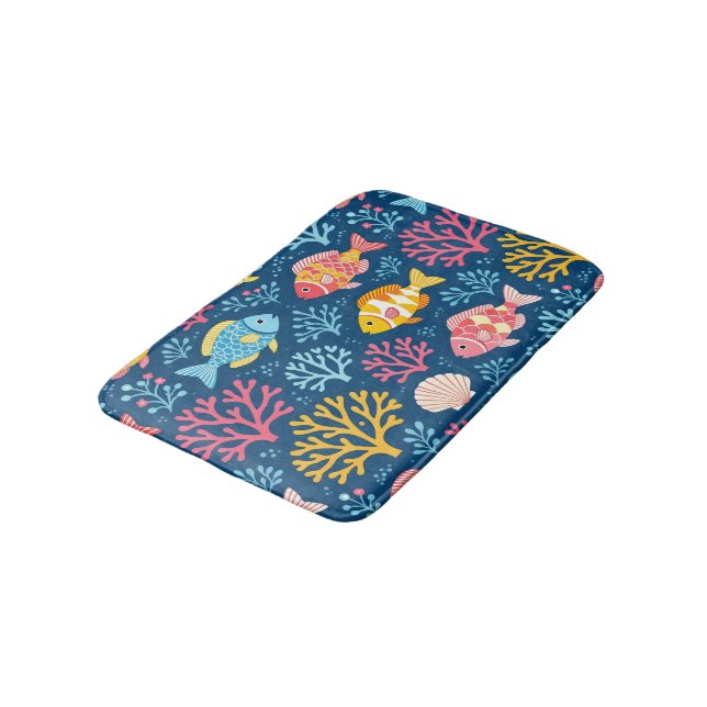Fish and coral nautical blue bath mat (Angled)