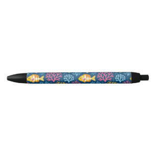 Fish and coral nautical blue black ink pen