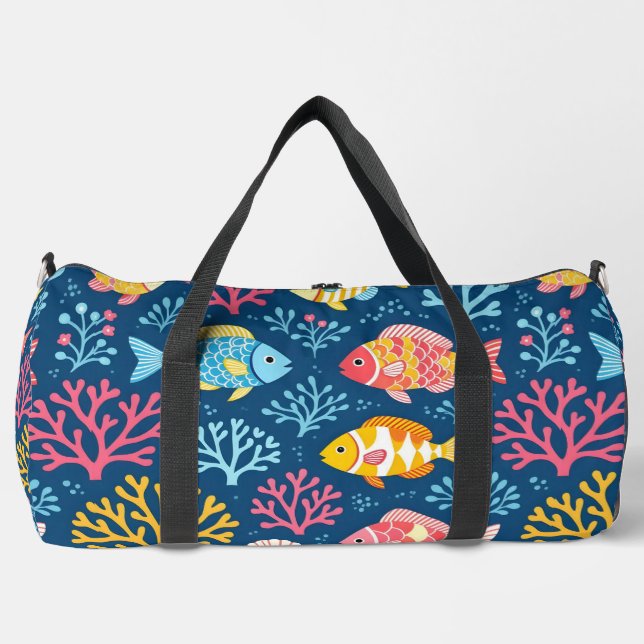 Fish and coral nautical blue duffle bag (Front)