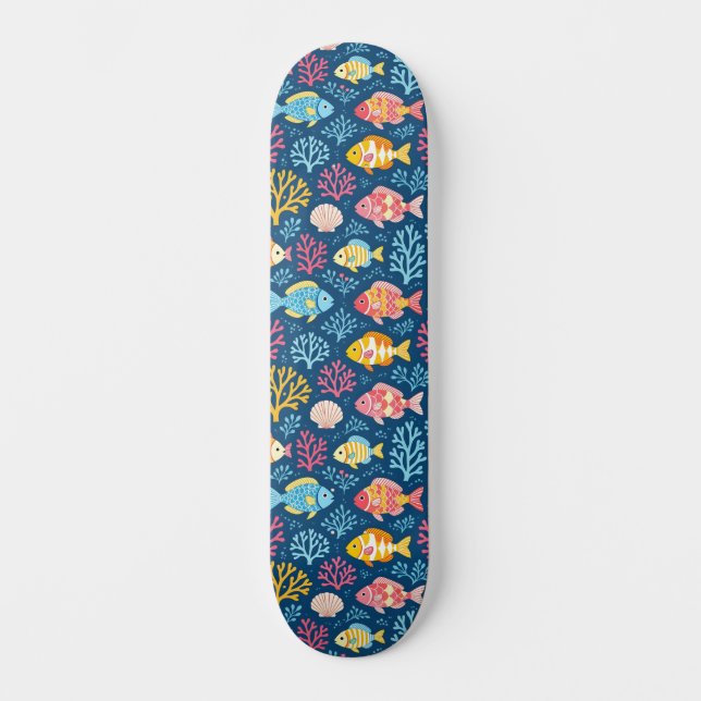 Fish and coral nautical blue skateboard (Front)