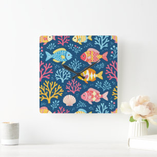 Fish and coral nautical blue square wall clock