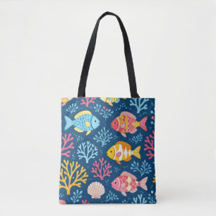 Fish and coral nautical blue tote bag