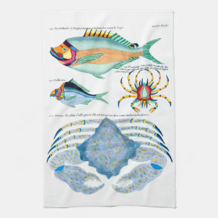 Fish and Crabs on Ancient Paper Tea Towel